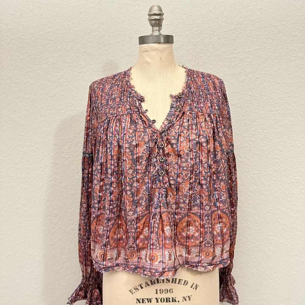 FREE PEOPLE Long Sleeve Bali Bohemian Disco Top Metallic Accents